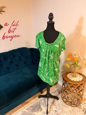 New York & Company Green Floral Print Gathered Neck Blouse | XL